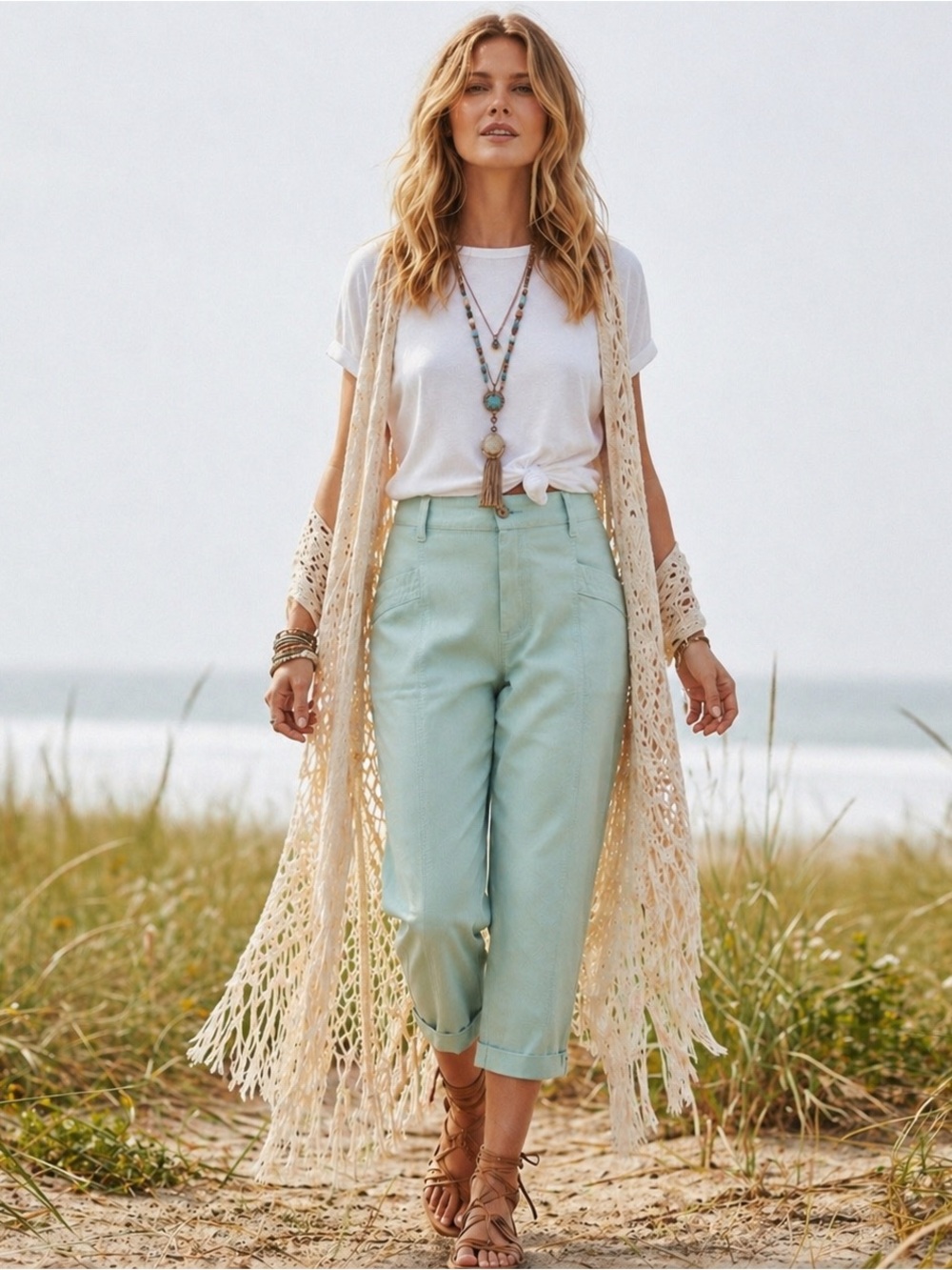 Nicole Miller Women’s 100% Linen Weather Wash Vintage Look Aqua Wide Leg Pants L